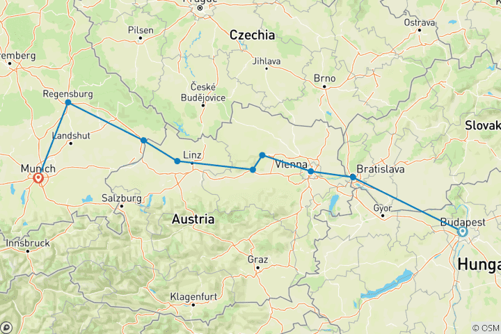 Map of Gems of the Danube 2026|2027 - 8 Days (9 destinations)