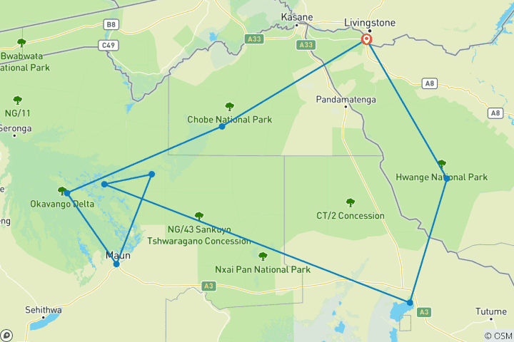 Karte von Botswana & Simbabwe Entdeckungsreise - 13 Tage