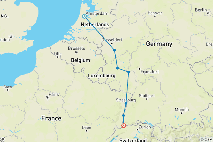 Map of Rhine and Moselle Christmas Markets Amsterdam → Basel (2026)