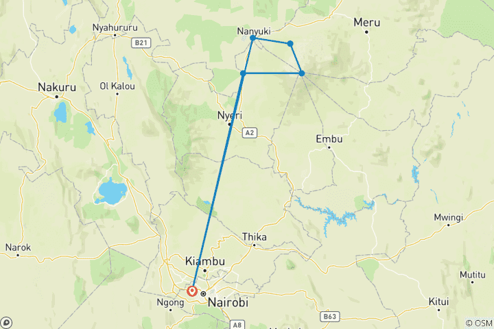 Mapa de Excursión de 4 días al Monte Kenia por las rutas de Sirimon y Naromoru 2025/2026