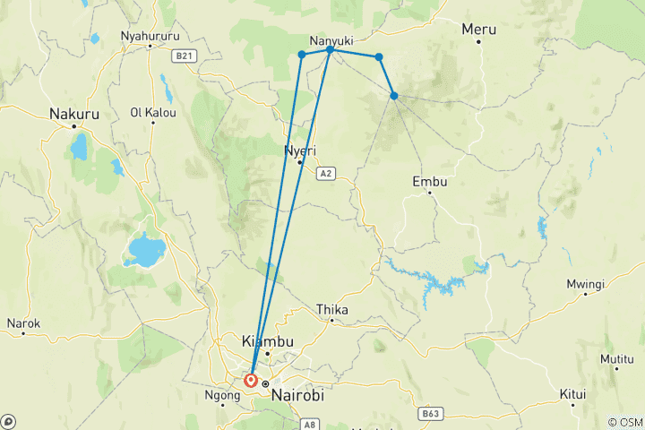 Map of 6 days Mount Kenya Trek with Ol Pejeta Safari Tour 2025/2026