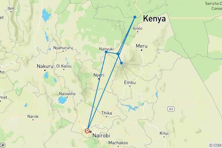 Map of 6 days Mount Kenya Trek with Samburu Game Reserve Wildlife Safari 2025