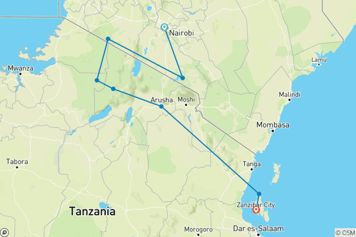 Map of 16 days Kenya Tanzania and  Zanzibar mid range flying Safari 2025/2026