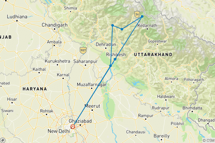 Map of Yamunotri Gangotri Do Dham Yatra Package from Delhi