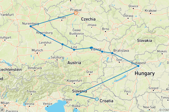 Carte du circuit Le Danube en profondeur avec Prague, Ljubljana et Zagreb 2026
