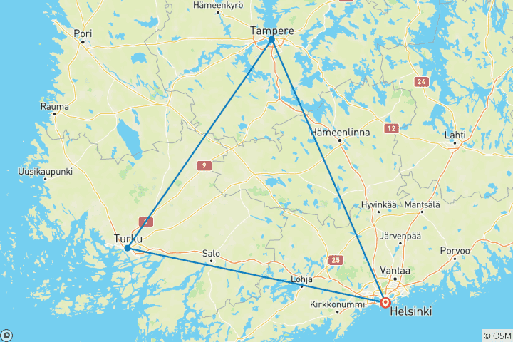 Kaart van Een voorproefje van Helsinki, Turku & Tampere