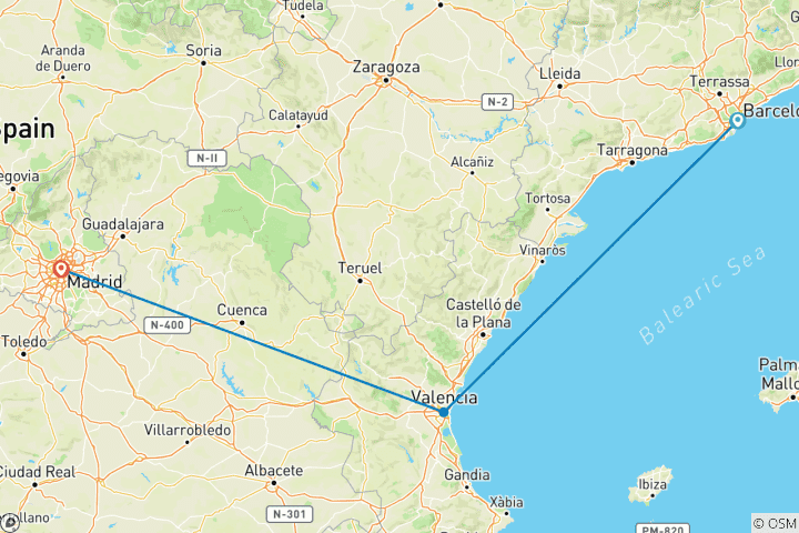Karte von Spanien in 9 Tagen: Über Barcelona, Valencia und Madrid