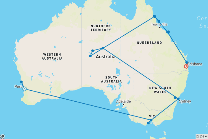 Map of Diversity Australia with East Coast & Western Australia (21 nights, Perth-Brisabane)