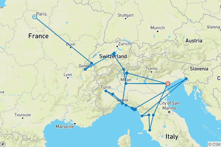 Carte du circuit France, Suisse et Italie par le rail