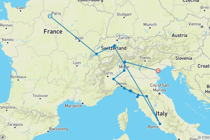 Carte du circuit France, Suisse et Italie par le rail