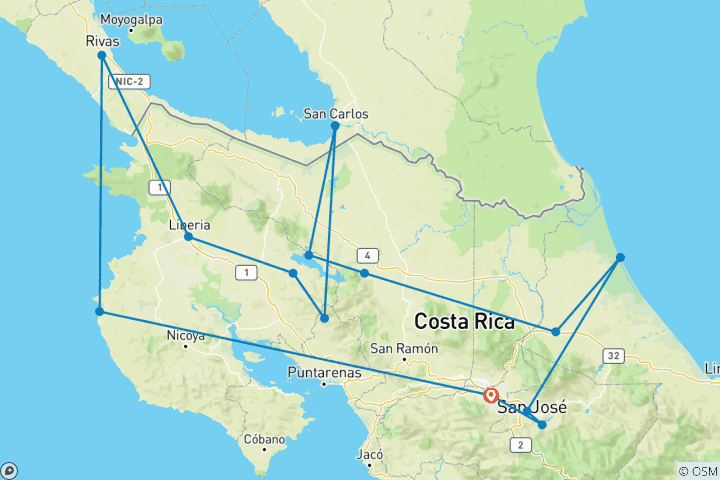 Carte du circuit ADAC Special : Costa Rica - Le joyau de Grune entre les Caraïbes et le Pacifique