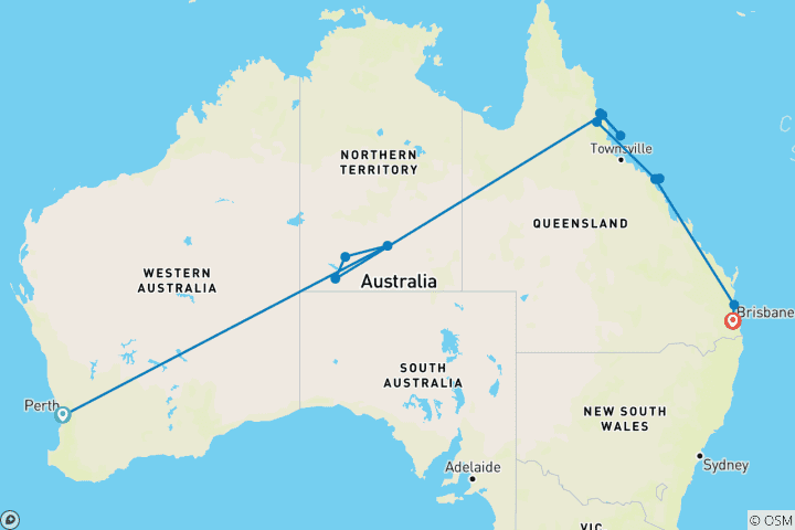 Map of Diversity Australia with East Coast & Western Australia (21 nights, Perth-Brisabane)