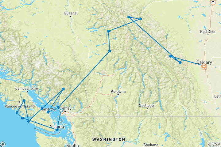 Carte du circuit L'Ouest canadien vu par les enfants (Vancouver - Calgary)