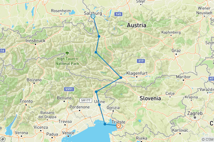 Karte von Alpe Adria Radweg von Salzburg nach Triest // Wegen Sanierung der Tauernschleuse Transfer an Tag 3