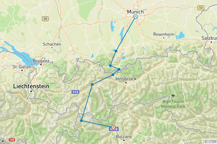 Karte von Über die Alpen von München nach Meran mit CHARME