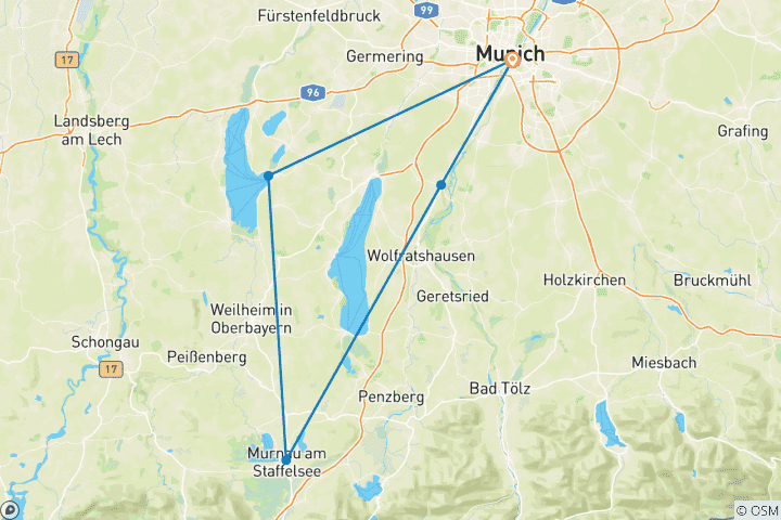 Kaart van München Meren Tour West kort met bagagetransfer