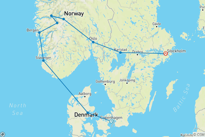 Mapa de Epopeya de Escandinavia (Copenhague - Aarhus - Stavanger - Bergen - Balestrand - Flam - Oslo - Karlstand - Estocolmo)