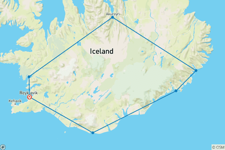 Karte von Magische Geysire (Reykjavik, Vik, Hofn), die schwarzen Sandstrände von Reynisfjara, die Gletscherlagune Jökulsárlón und die zerklüftete Halbinsel Snæfellsnes.