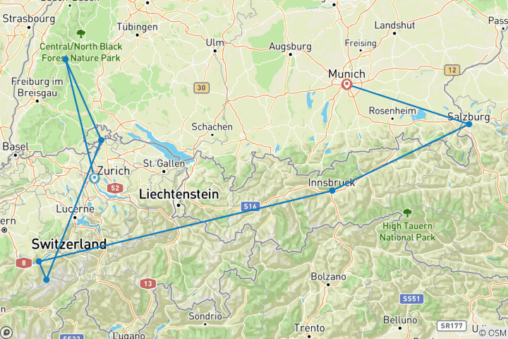 Carte du circuit 13 jours à Zurich, Interlaken, Innsbruck, Salzbourg et Munich et bien plus encore.