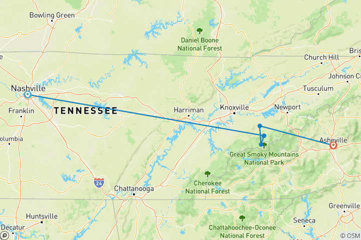 Karte von Ein Weihnachtsurlaub in Nashville und den Smoky Mountains