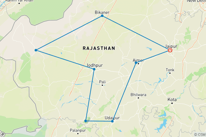 Mapa de El Gran Recorrido por el Rajastán: 11 días por fortalezas emblemáticas, lagos, templos antiguos y desiertos