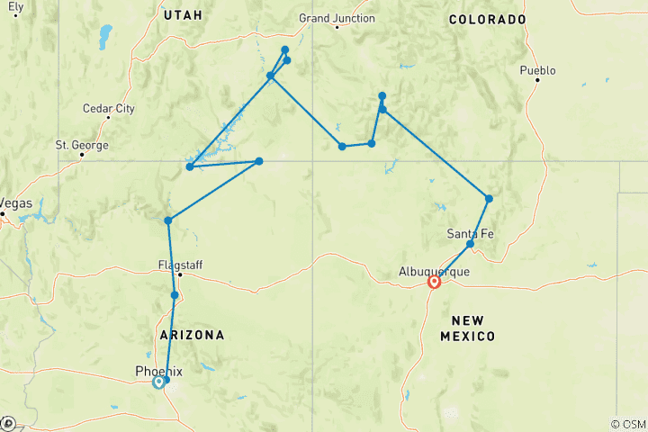 Karte von Bunte Pfade der Southwest Balloon Fiesta (Ende Albuquerque, 10 Tage)