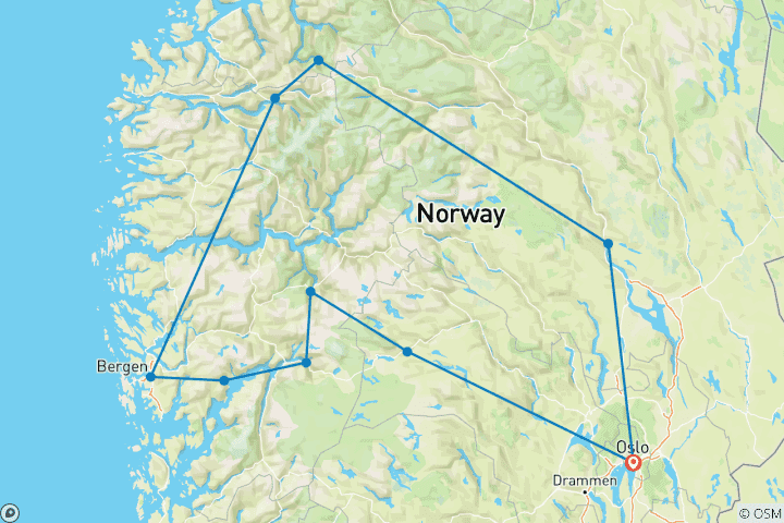 Karte von Unglaubliche Norweger (Oslo - Geilo - Flam - Norheimsund - Bergen - Forde - Stryn - Geiranger - Lillehammer - Oslo)