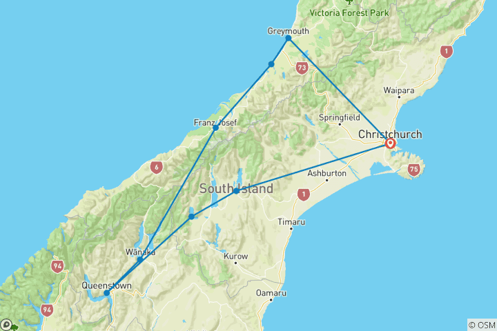 Mapa de Pionero del sur de Nueva Zelanda (9 destinations)