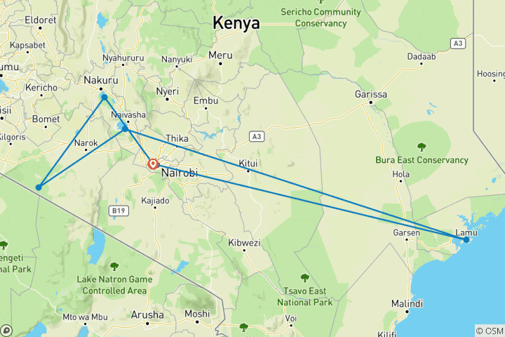 Carte du circuit Merveilles sauvages et bonheur côtier : Safari au Kenya et escapade à Lamu