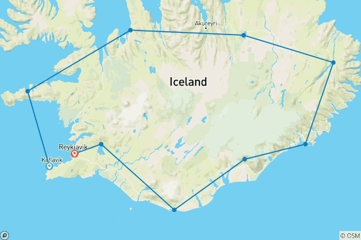 Kaart van De Wintercirkelroute door IJsland in 11 dagen, noorderlicht en ijsgrot