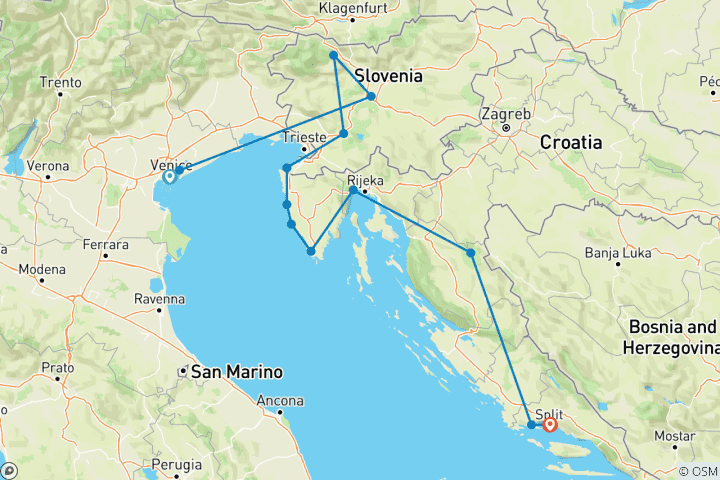 Mapa de Venecia y Eslovenia a Split - 11 días