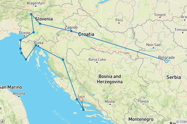 Mapa de Belgrado a Split Superior - 11 días