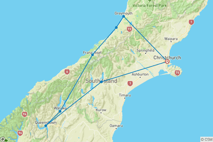 Mapa de isla sur de Nueva Zelanda exprés