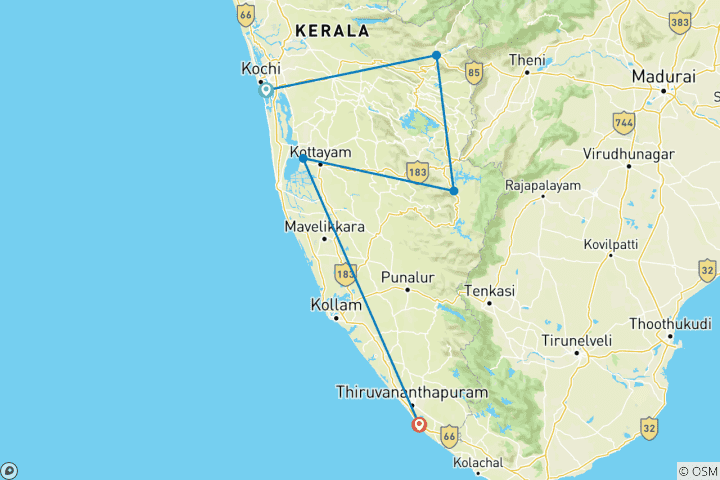 Kaart van Klassiek Zuid-India (van Kochi (Cochin) naar Kovalam)