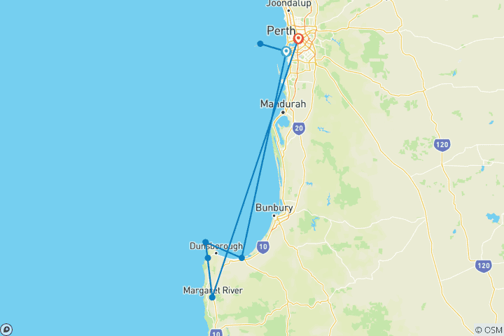 Carte du circuit Le meilleur de Perth, Margaret River et Rottnest Island (9 destinations)