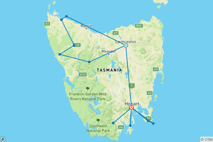 Carte du circuit Le meilleur de la Tasmanie