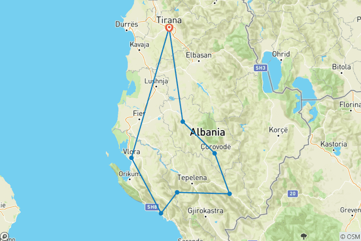 Mapa de Aventura de 6 días en Albania | de las Montañas a la Riviera | Senderismo, 4×4 y Rafting