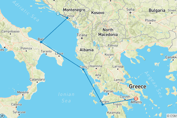 Karte von 8 Tage Ionische Inseln, Dubrovnik, Kotor, Bari und mehr ab Athen