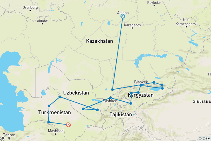 Mapa de Aventura en Asia Central: De Astana a Ashgabat