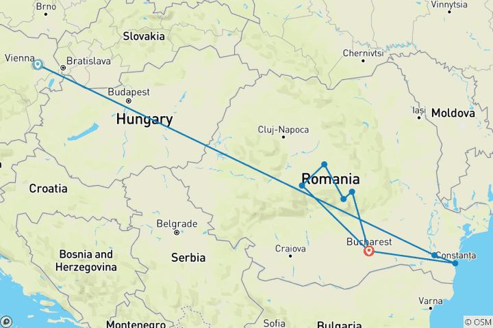 Carte du circuit Découverte du Bas-Danube avec Vienne et la Transylvanie 2027|2026 - 22 jours (from Vienne to Bucarest)