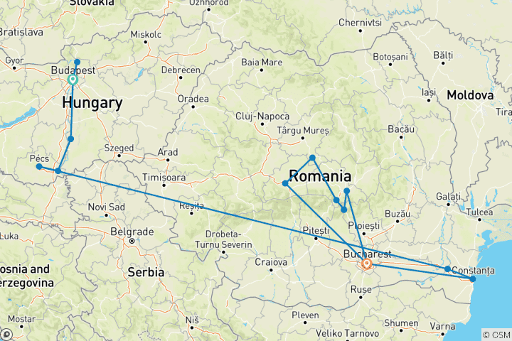 Carte du circuit Découverte du Bas-Danube avec la Transylvanie 2026 - 20 jours (from Budapest to Bucarest)