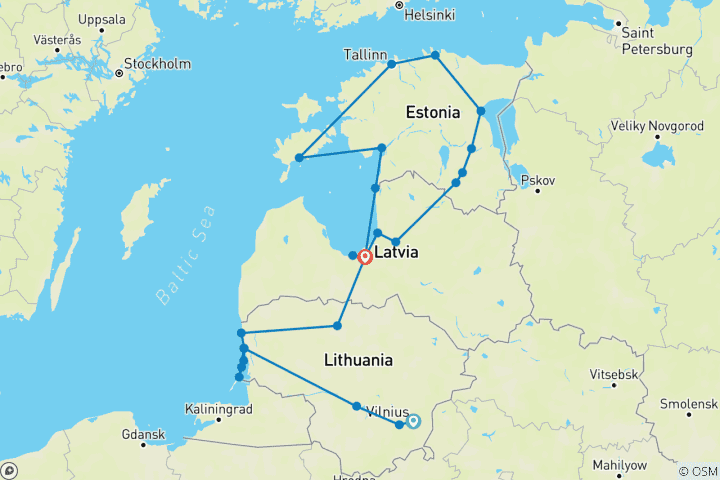 Carte du circuit Cyclisme dans les États baltes avec l'île de Saaremaa, l'isthme de Courlande, les parcs nationaux de Gauja et de Lahemaa