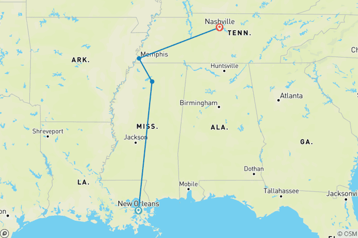 Karte von Amerikas Musikstädte mit New Orleans, Memphis & Nashville (New Orleans, LA bis Nashville, TN)