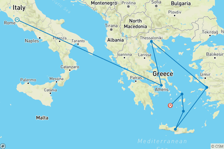 Karte von 12 Tage Rom und Kreuzfahrt zu den griechischen Inseln und der türkischen Küste