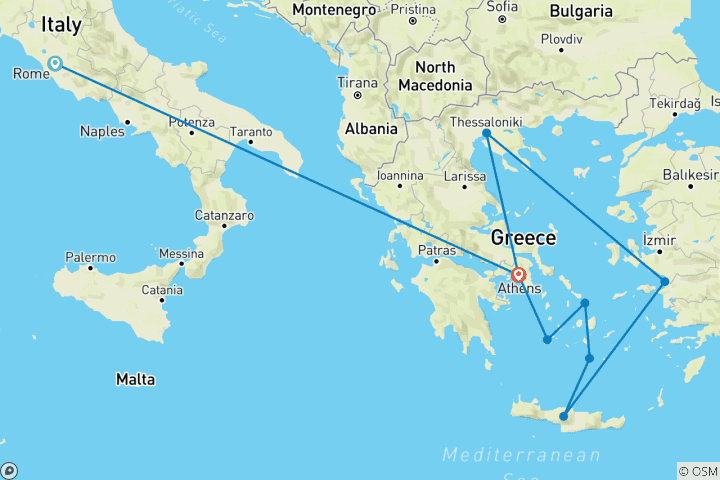 Map of 12 Day Rome and Cruise to the Greek Islands and the Turkish coast