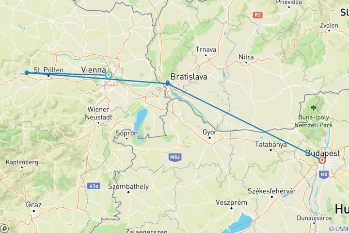 Map of 8 Day Cruise Vienna, Melk, Bratislava, Budapest, and more