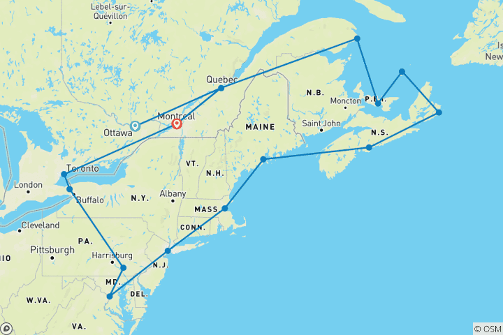 Carte du circuit Exploration de l'est du Canada et des États-Unis avec les contrastes du Canada et du fleuve Saint-Laurent