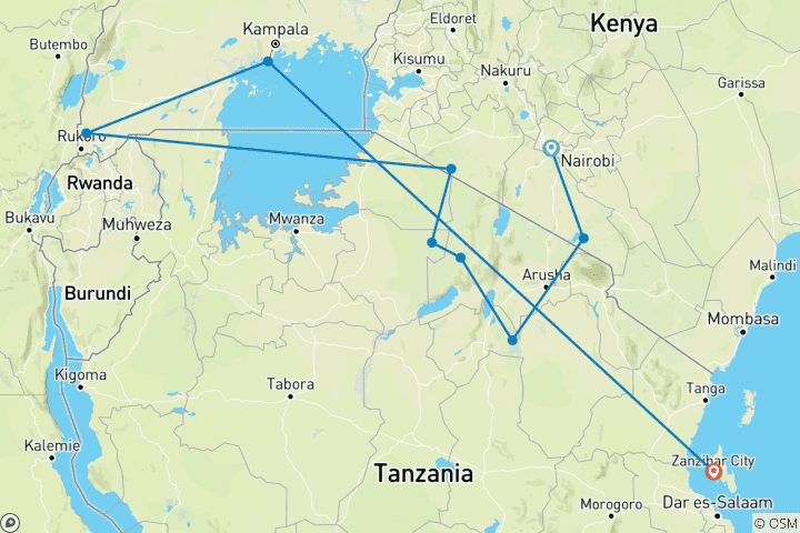 Mapa de Safari de 18 días por Kenia, Tanzania y Uganda con excursión a la playa de Zanzíbar 2025