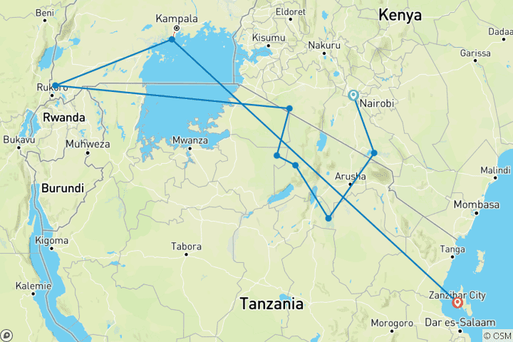 Mapa de Safari de 18 días por Kenia, Tanzania y Uganda con excursión a la playa de Zanzíbar 2026