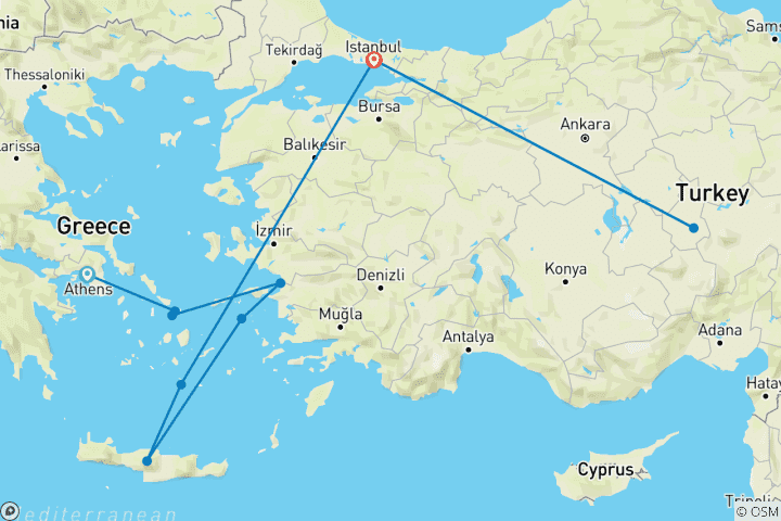 Karte von 10 Tage Athen, Kreuzfahrt zu den griechischen Inseln und der türkischen Riviera ab Athen, Istanbul und Kappadokien.